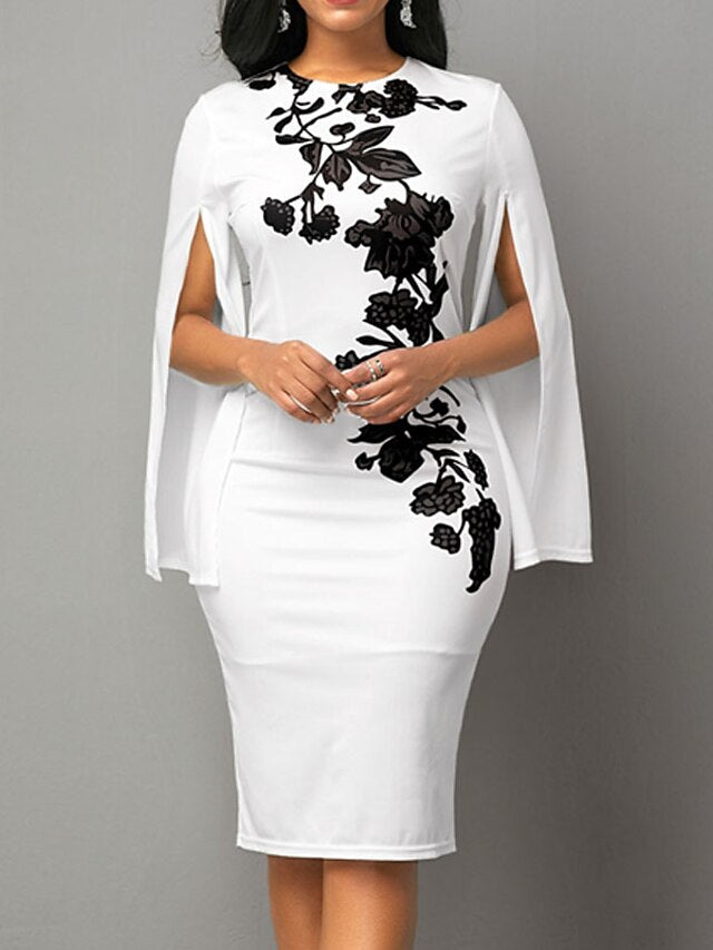 Women's Dress - Bodycon Sheath Dress Church Dress Midi Dress Black White Long Sleeve Floral Split Summer Spring Crew Neck Stylish Winter Dress Fall Dress 2023 S M L XL XXL