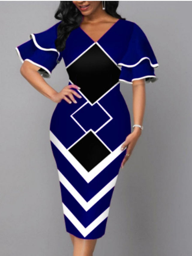 Women's Dress - Bodycon Sheath Dress Modern Dress Midi Dress Yellow Wine Royal Blue Half Sleeve Print Ruffle Summer Spring V Neck Stylish 2023 S M L XL XXL 3XL 4XL 5XL