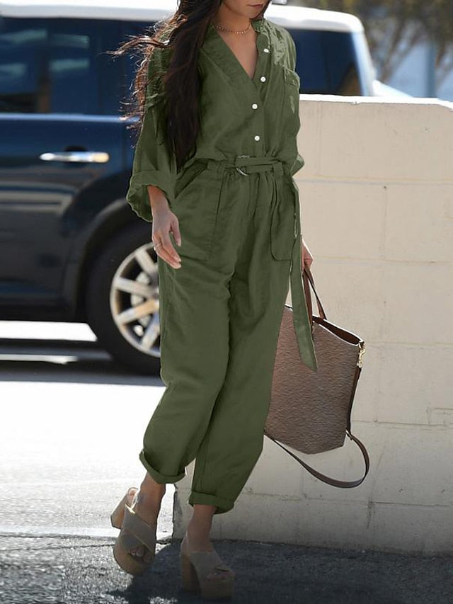 Women's Jumpsuit Pocket Solid Color Shirt Collar Streetwear Street Going out Regular Fit Long Sleeve Green Black Pink S M L Spring - LuckyFash™