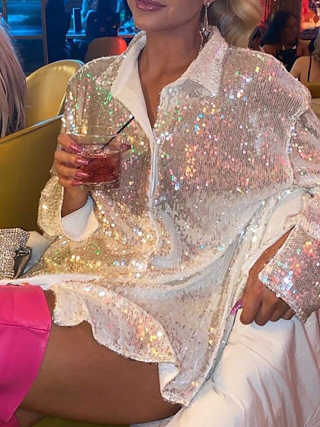 Women's Dress - Shirt Dress Holiday Dress Silver Long Sleeve Pure Color Sequins Button Winter Fall Shirt Collar Stylish Casual Modern Fall Dress 2023 S M L XL / Winter Dress