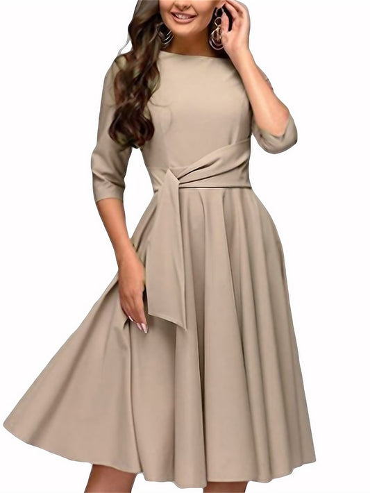 Women's Dress - Wedding Guest Dress Swing Dress A Line Dress Midi Dress Navy Blue Green Beige Half Sleeve Pure Color Lace up Summer Spring Crew Neck Work Party Vacation 2023 S M L XL XXL