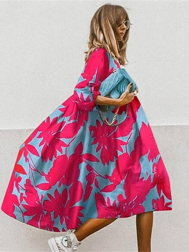 Women's Dress - Casual Dress Midi Dress Black White Pink 3/4 Length Sleeve Leopard Ruched Summer Spring Fall Autumn Crew Neck Stylish Weekend 2023 S M L XL XXL