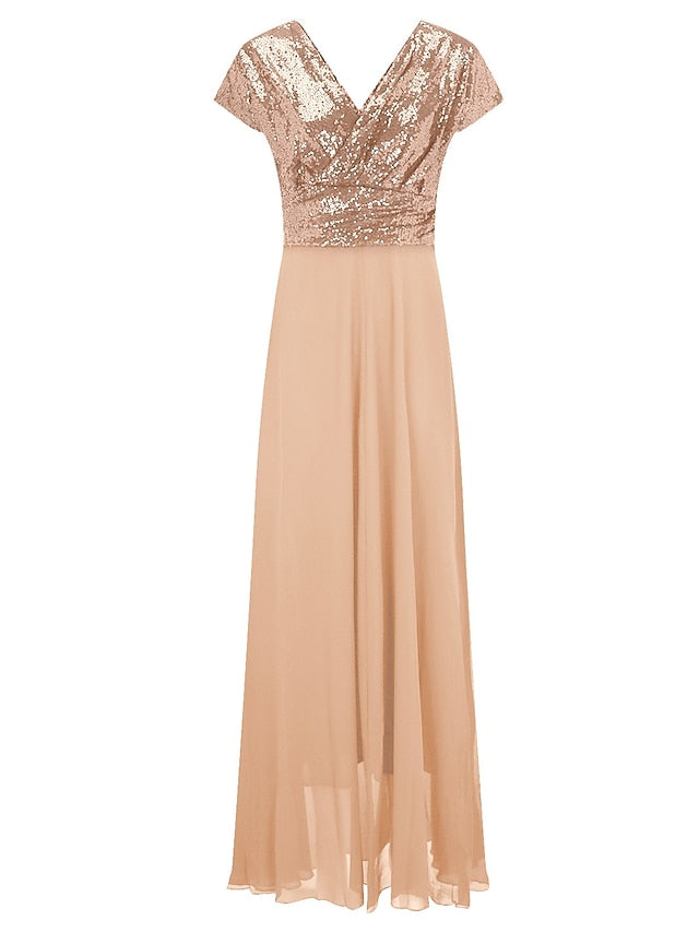 Women's Dress - Swing Dress Maxi long Dress Party Dress Light Blue Short Sleeve Pure Color V Neck Sequins Chiffon Evening Dress Ruched Patchwork Spring Summer Personalized Stylish Elegant Luxurious