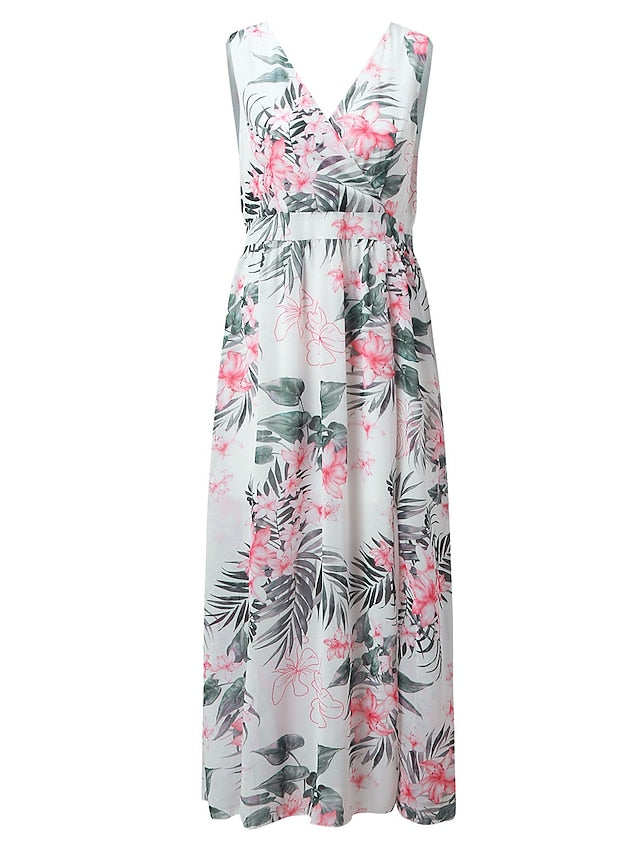Women's Dress - Swing Dress Long Dress Maxi Dress Pink White Sleeveless Floral Split Spring Summer V Neck Weekend 2023 S M L XL XXL