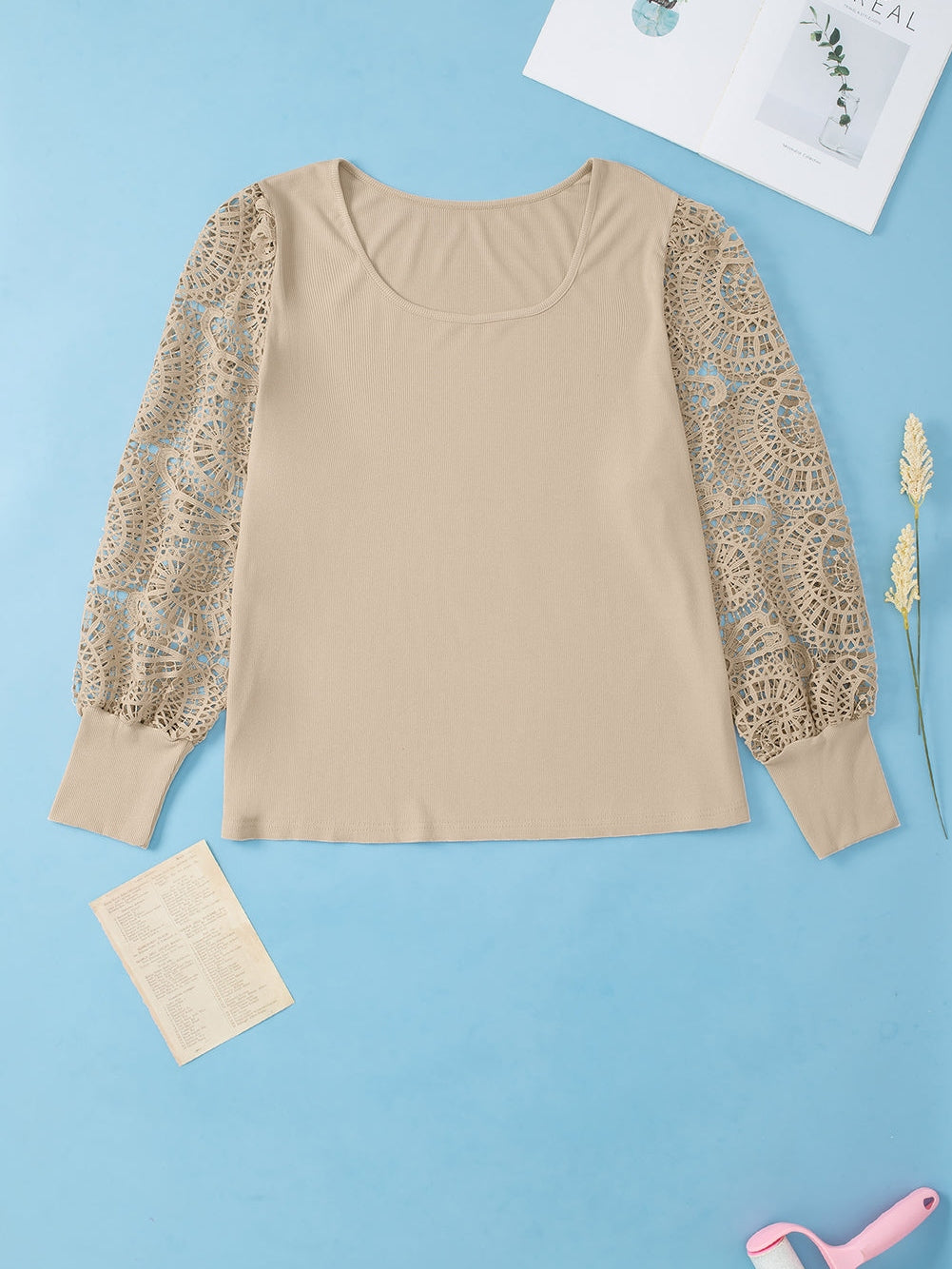 Lace Sleeve Ribbed Pullover with Square Neck