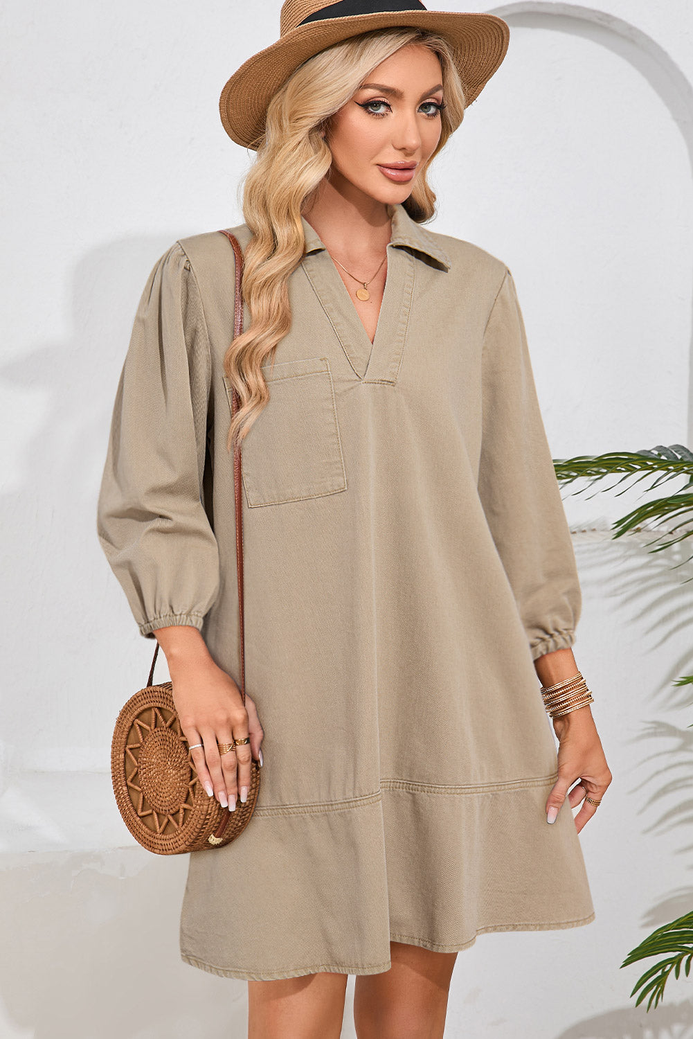 Khaki V Neck Collared Single Chest Pocket Long Sleeve Denim Dress