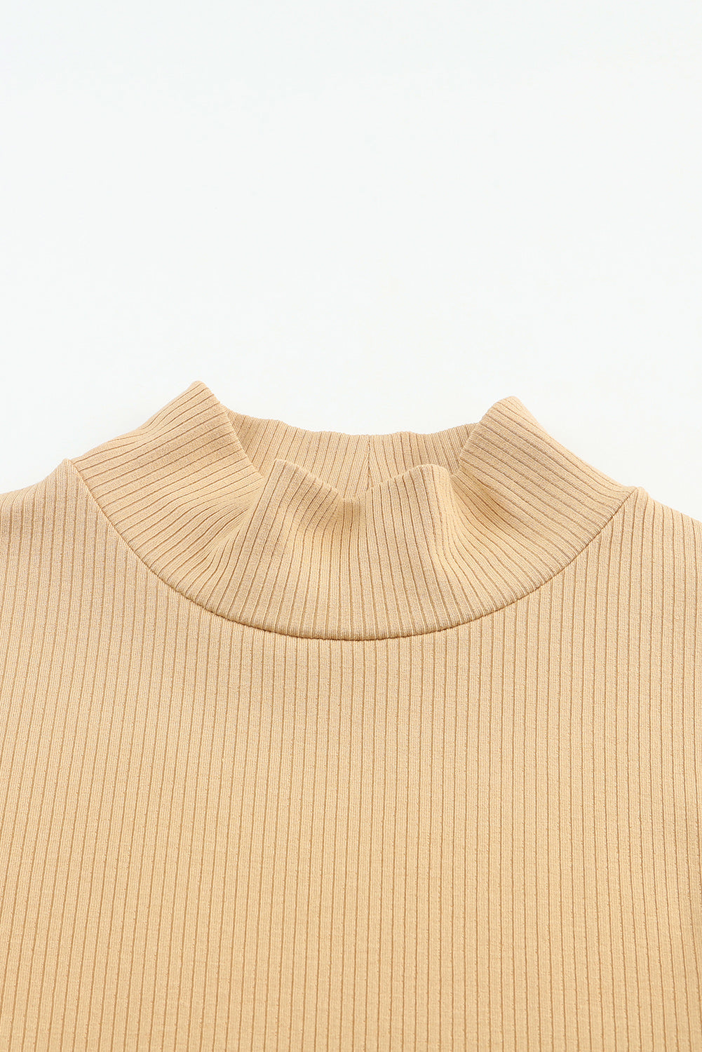 Khaki Ribbed Knit High Neck Long Sleeve Sheath Top