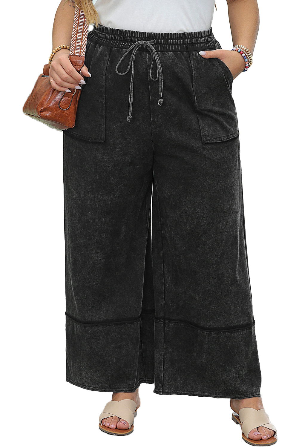 Midnight Mineral Wash Wide Leg Capri Pants with Exposed Seams