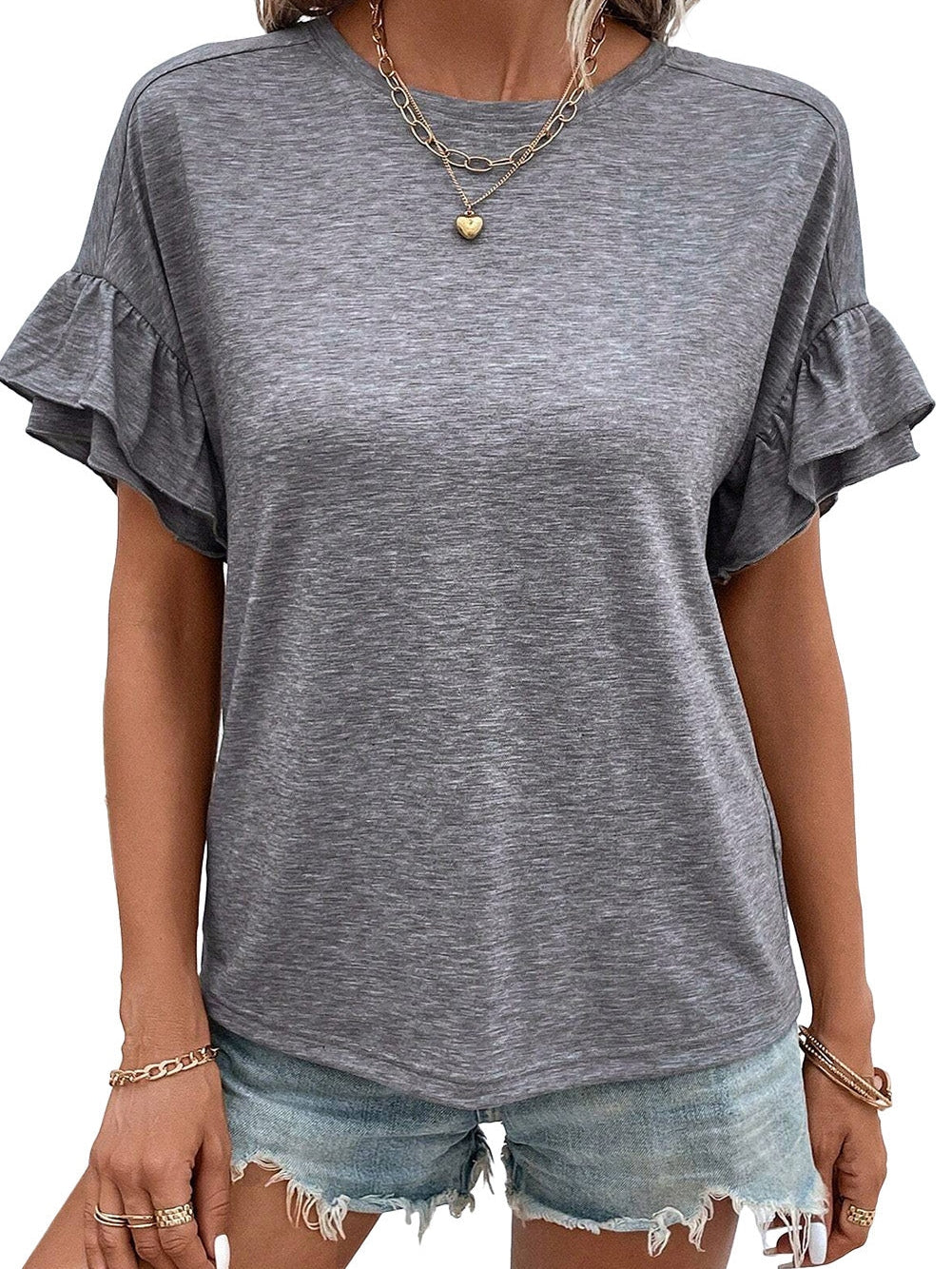 Grey Tiered Ruffle Sleeve Crew Neck Shift Top