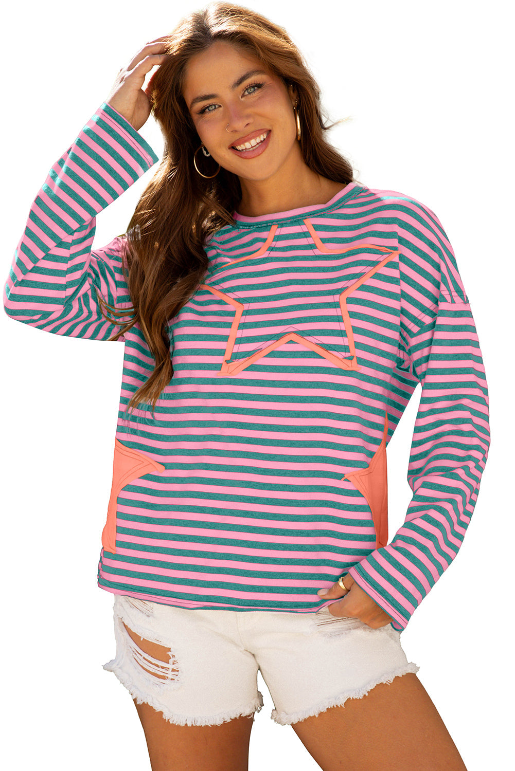 Green Stripe Starry Patch Drop Shoulder Raw Edge Casual Knit Top