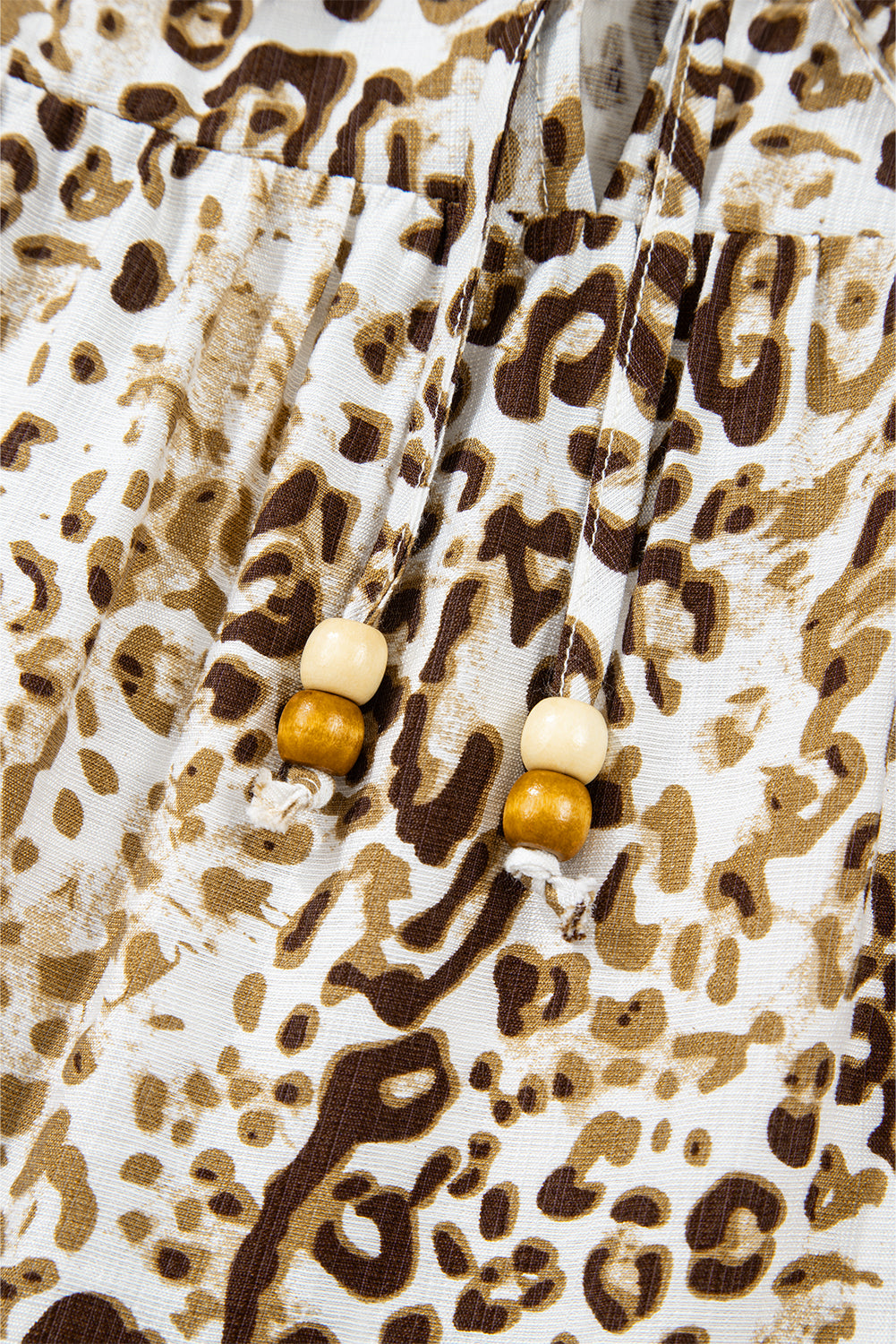 Khaki Leopard Print Long Sleeve Bead Tie V Neck Blouse