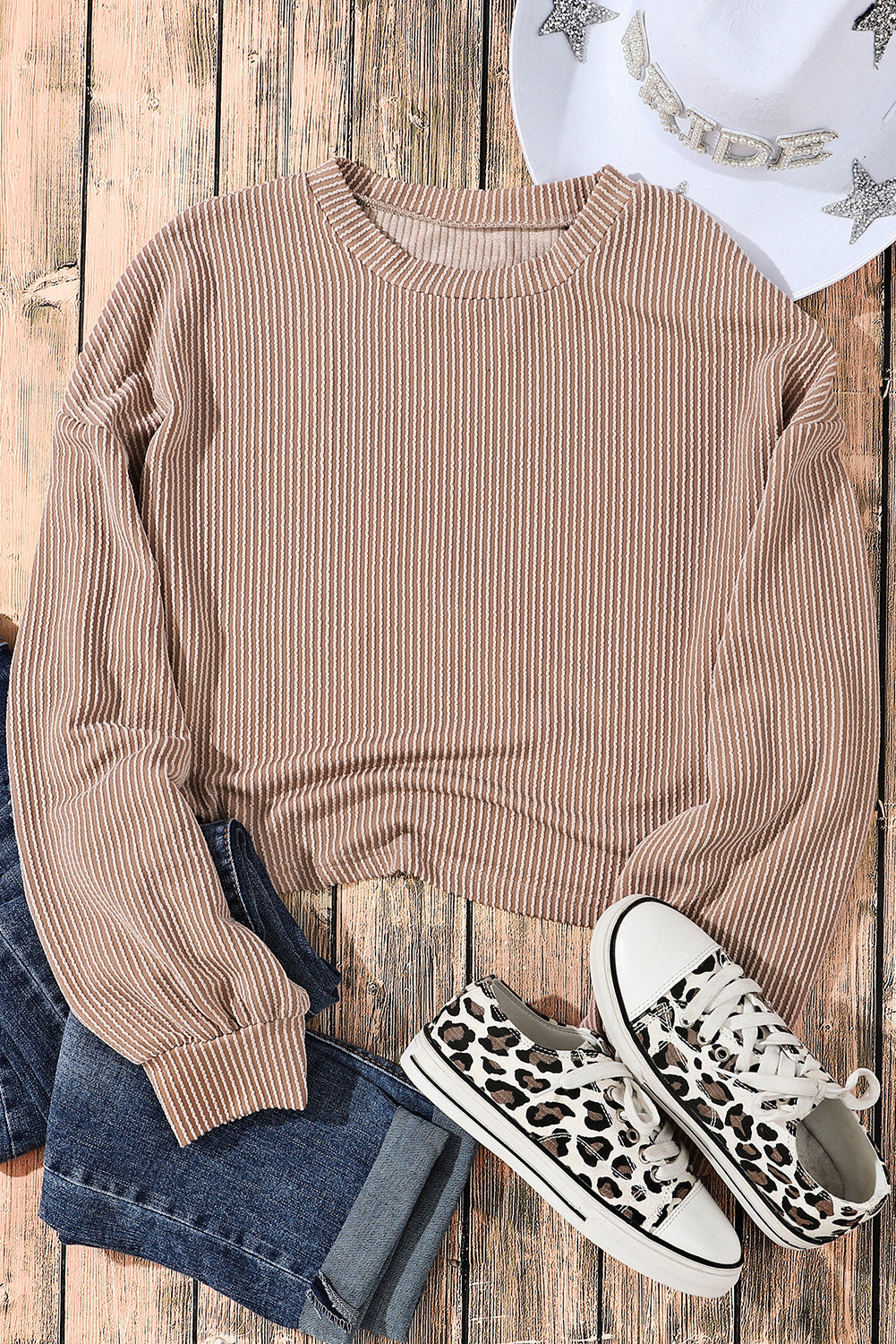 Khaki Corded Drop Shoulder Puff Sleeve Casual Top