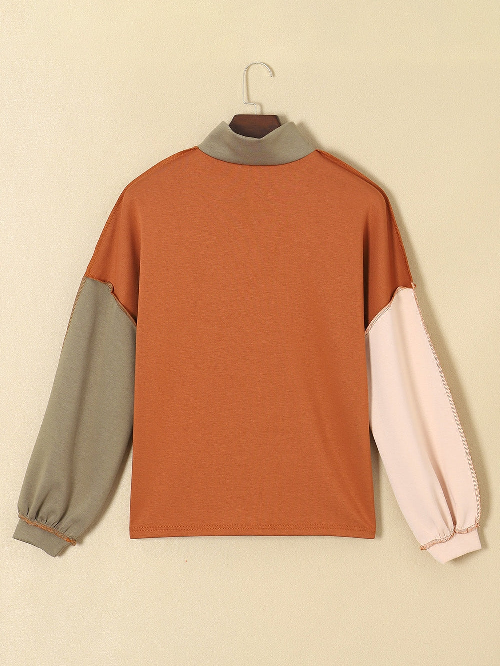 Khaki Zippered V-Neck Color Block Sweatshirt