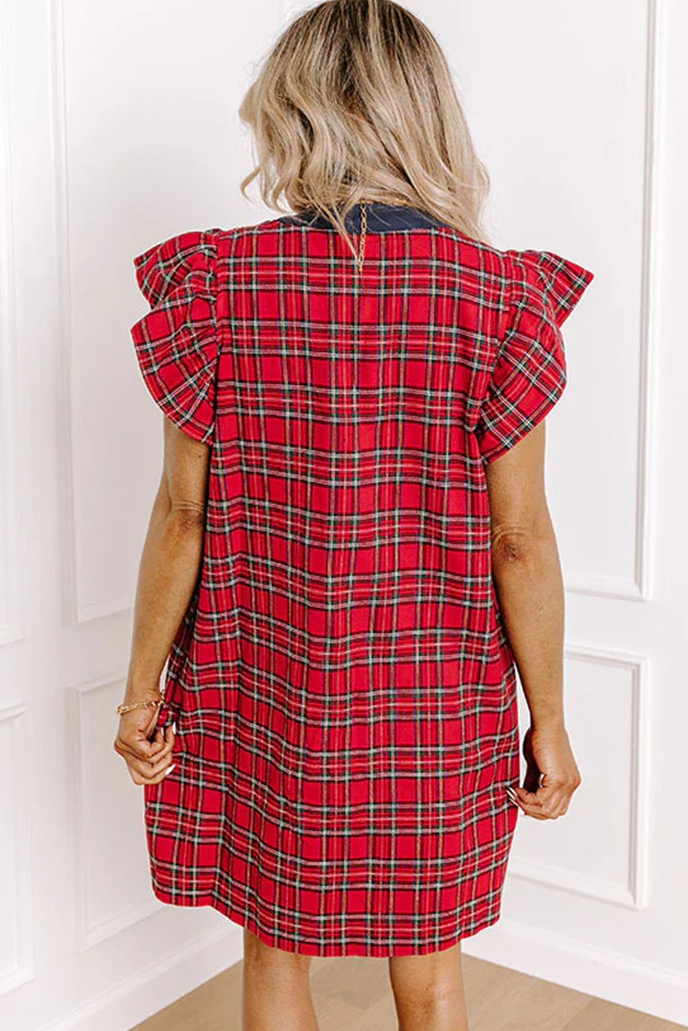 Red Festive Plaid Ruffled Short Sleeve Contrast Ribbon Bow V Neck Button Down Mini Dress