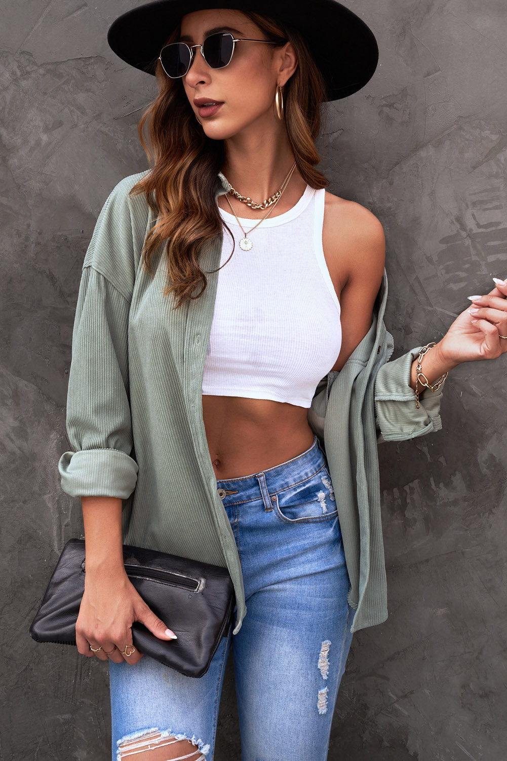 Gray Corduroy Button Pocket Shirt