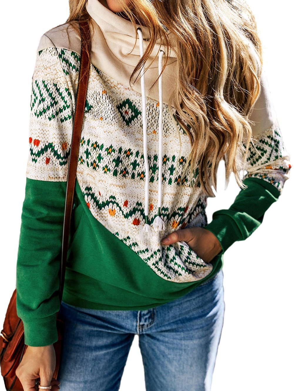 Green Geometric Patchwork Color Block Hoodie