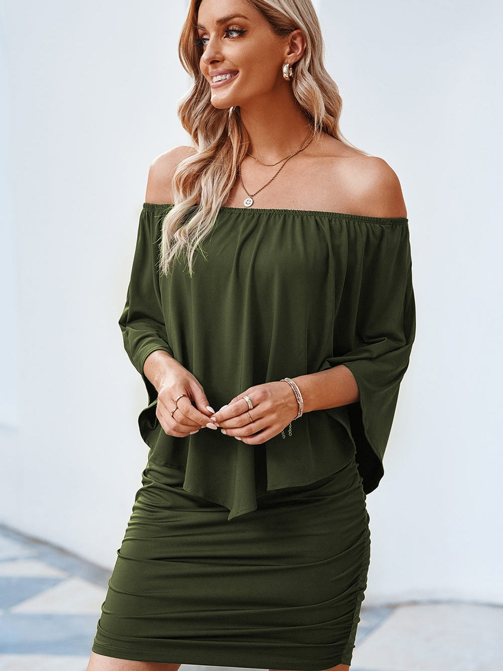 Layered Army Green Ruffle Poncho Mini Dress