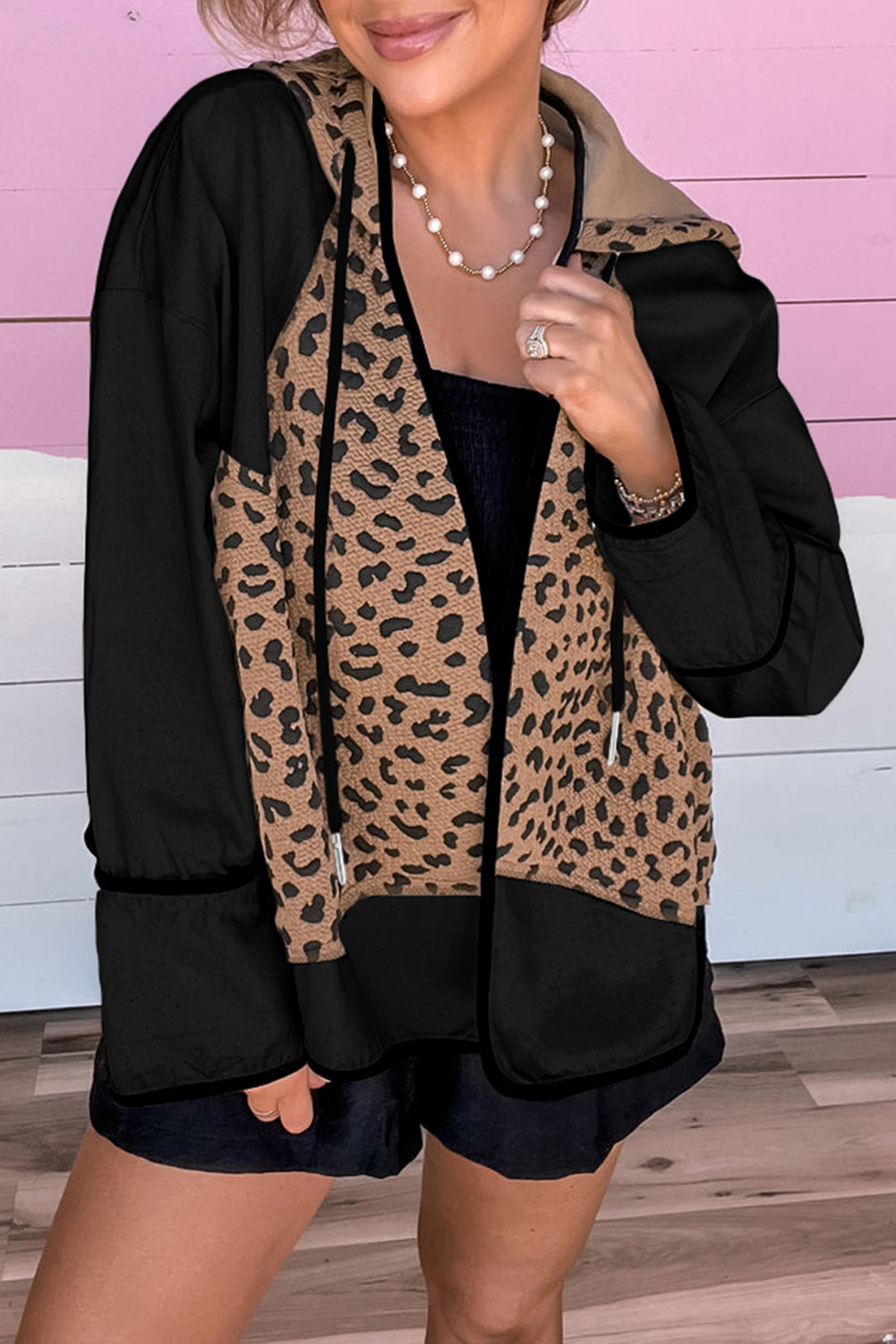 Black Leopard Star Hooded Patchwork Contrast Piping Open Front Jacket
