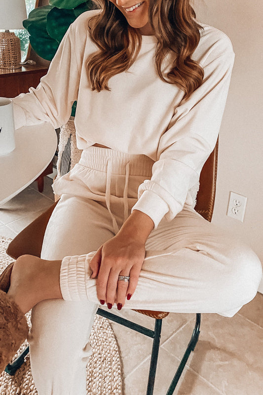 Beige Solid Color Pullover and Smocked Waist Joggers Lounge Set