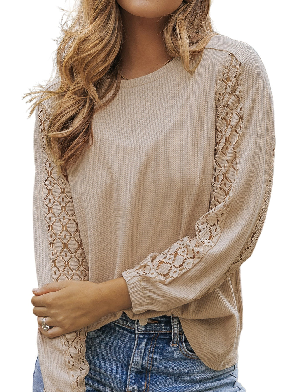 Elegant Khaki Lace Patch Waffle Knit Blouse