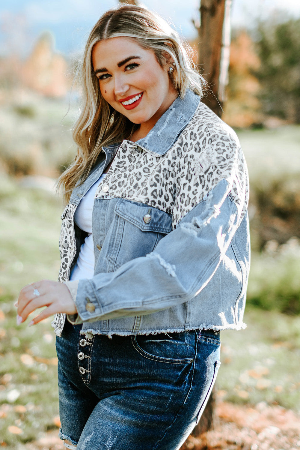 Leopard Patchwork Blue Denim Jacket for Curvy Fashionistas