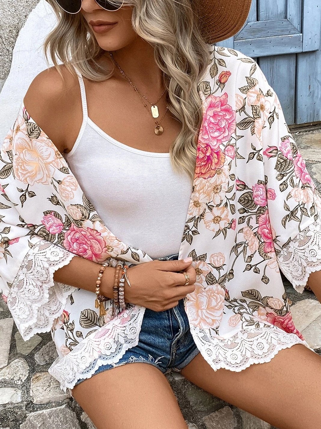 Elegant White Floral Lace Kimono with Open Front