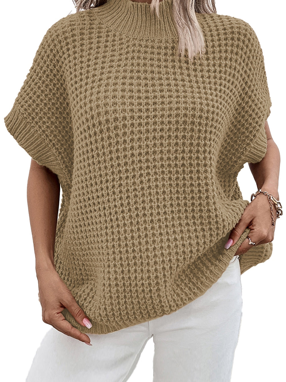 Elegant Light Beige Batwing Sleeve High Neck Knit Sweater for Women