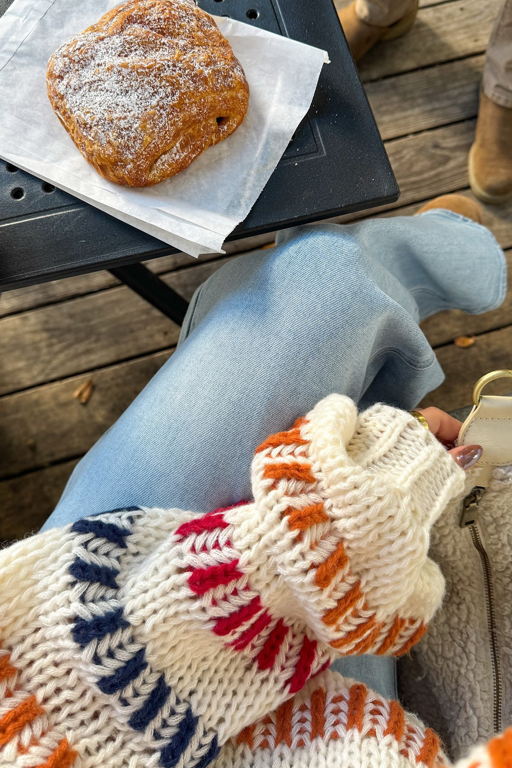 Beige Stripe Playful Knit Drop Shoulder Puff Sleeve Sweater
