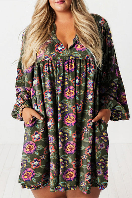 Green Plus Size Floral Print Shirt Collar V Neck Loose Mini Dress