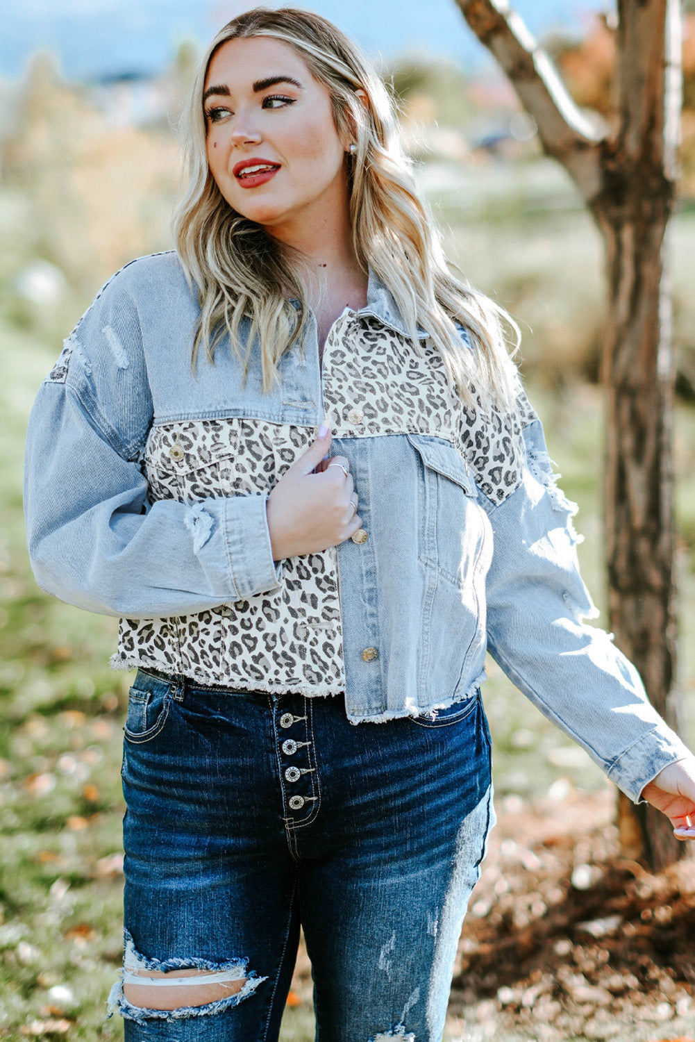 Leopard Patchwork Blue Denim Jacket for Curvy Fashionistas