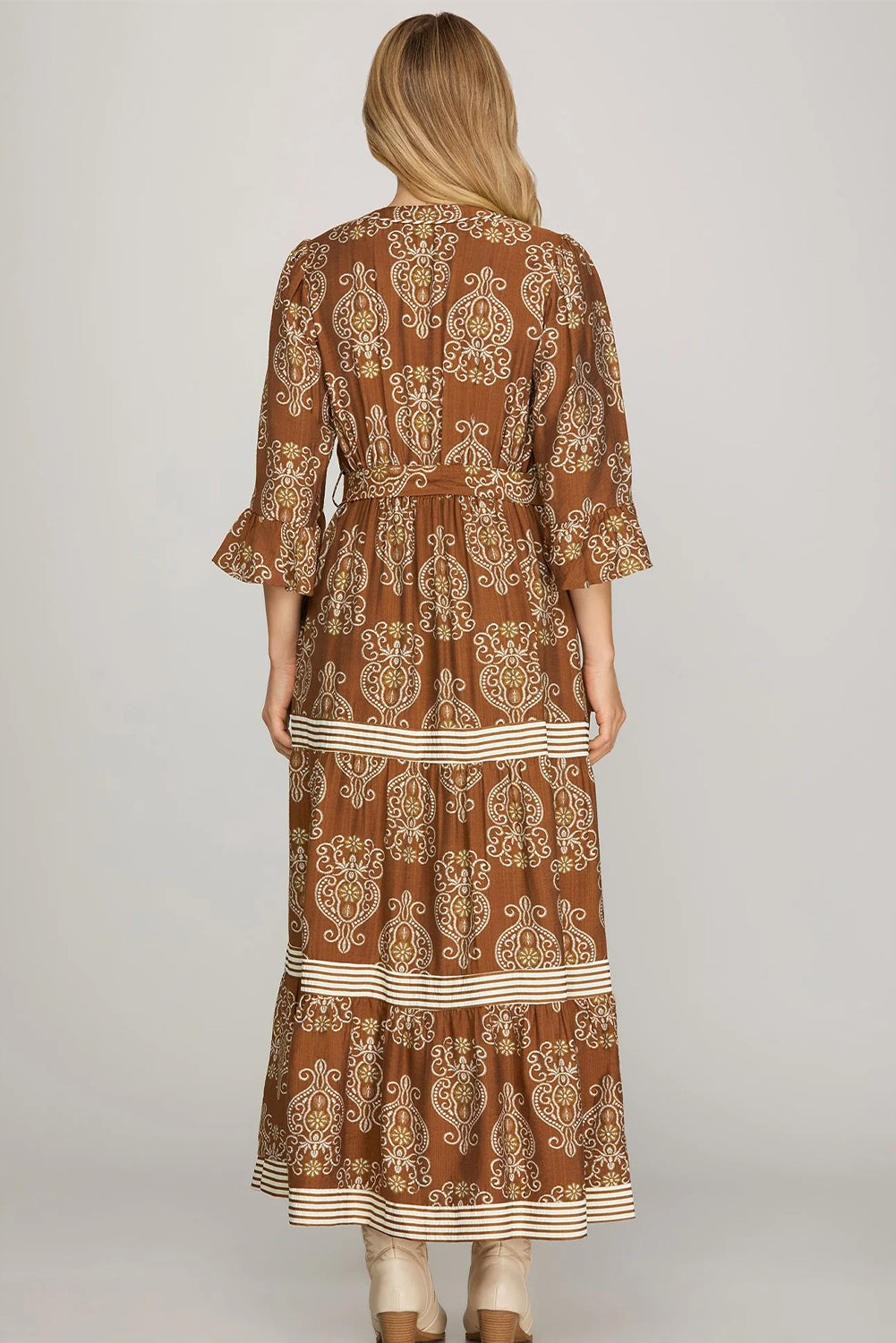 Brown Floral Print Belted Striped Trim Tiered Maxi Dress