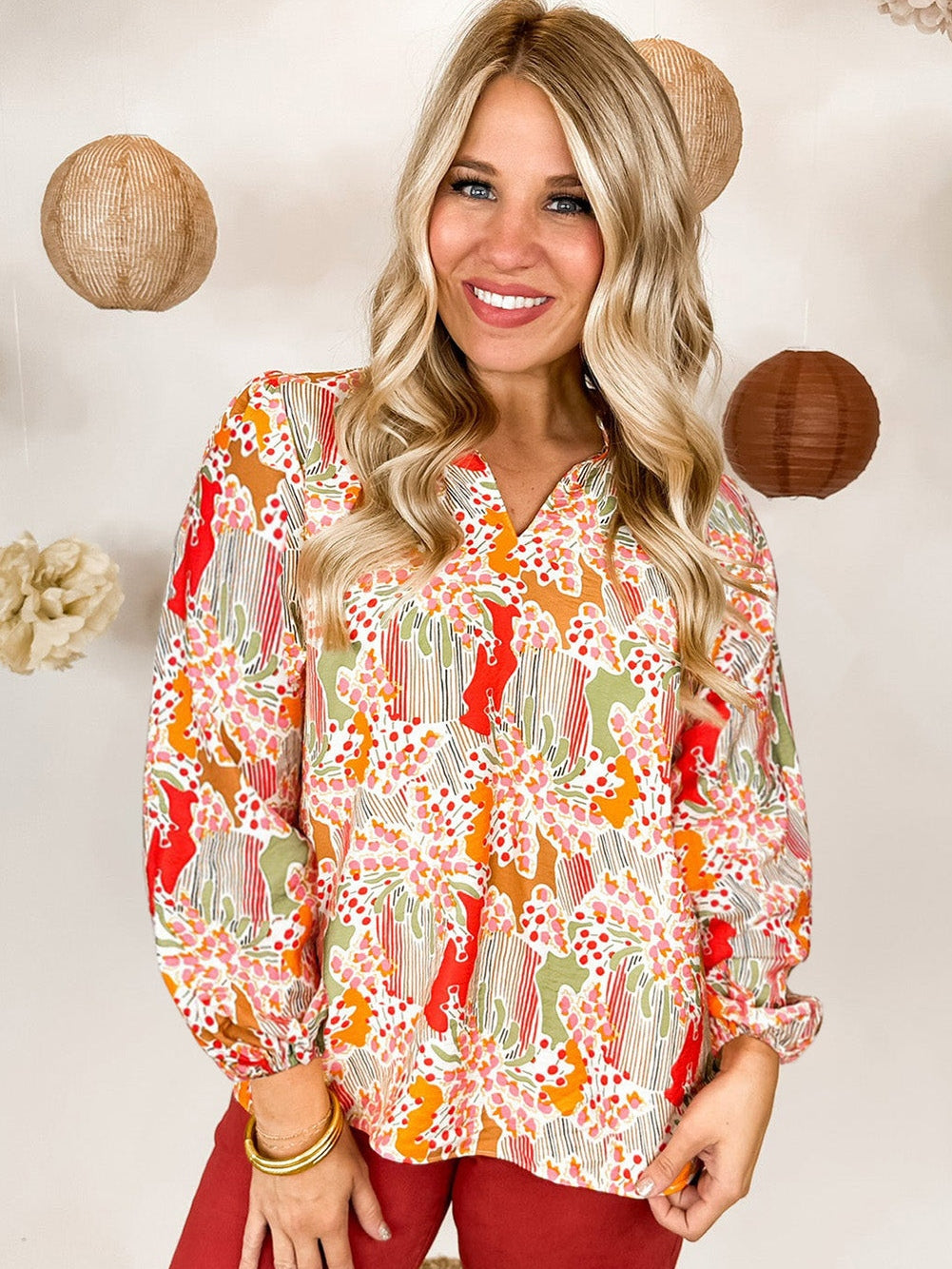 Elegant Orange Floral Print V Neck Puff Sleeve Top