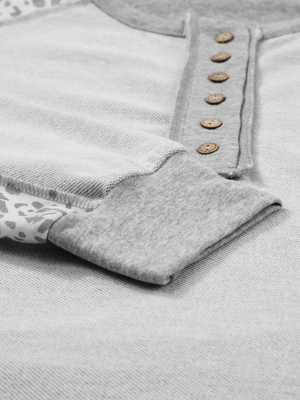Leopard Patchwork Gray Buttoned Neck Pullover Sweatshirt