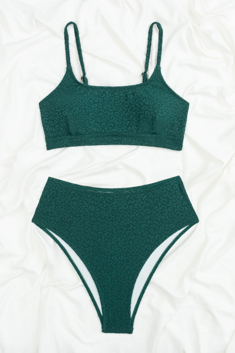 Leopard Jacquard High Waist Bikini Set in Skobeloff Green