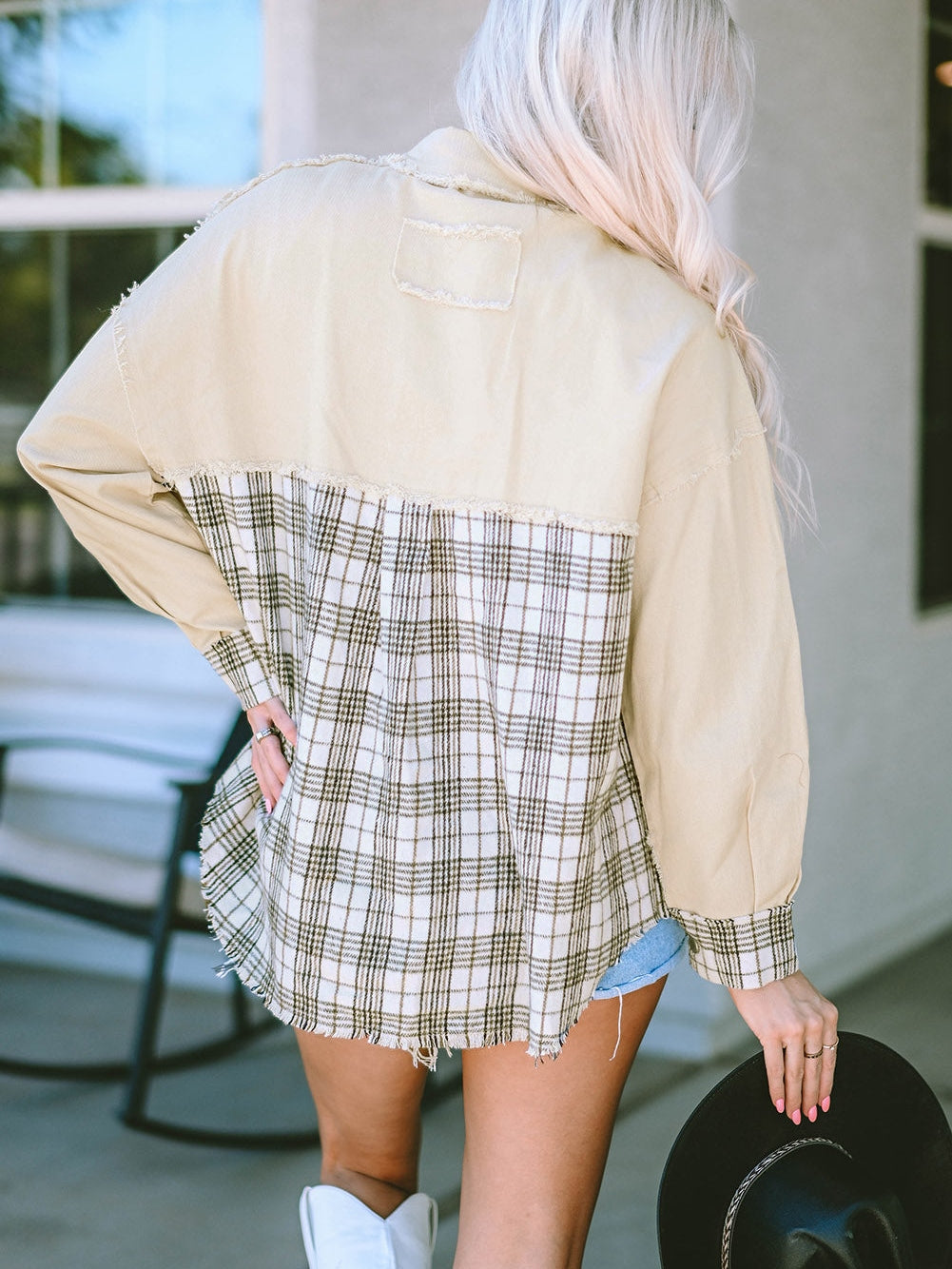 Khaki Plaid Patchwork Denim Shacket - Distressed Edges
