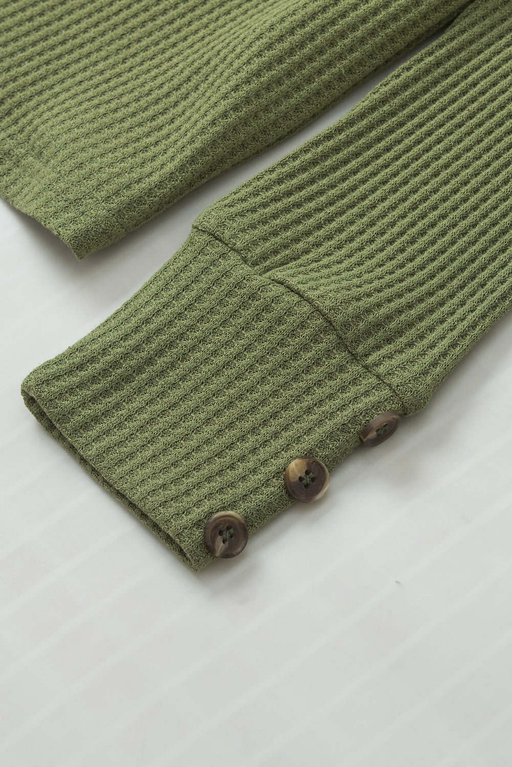 Jungle Green Waffle Knit V Neck Buttoned Long Sleeve Top