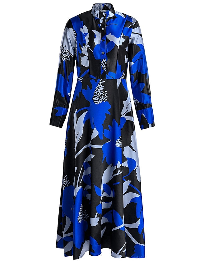 Women's Dress - Shirt Dress Work Dress A Line Dress Long Dress Maxi Dress Red Blue Fuchsia Long Sleeve Floral Print Spring Shirt Collar Elegant Summer Dress Spring Dress 2022 M L XL XXL