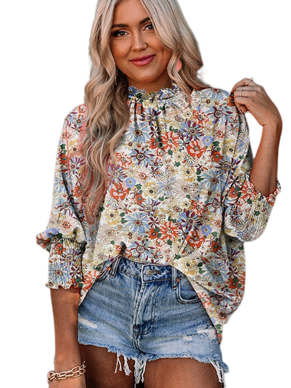Floral Charm Multicolor Bubble Sleeve Blouse