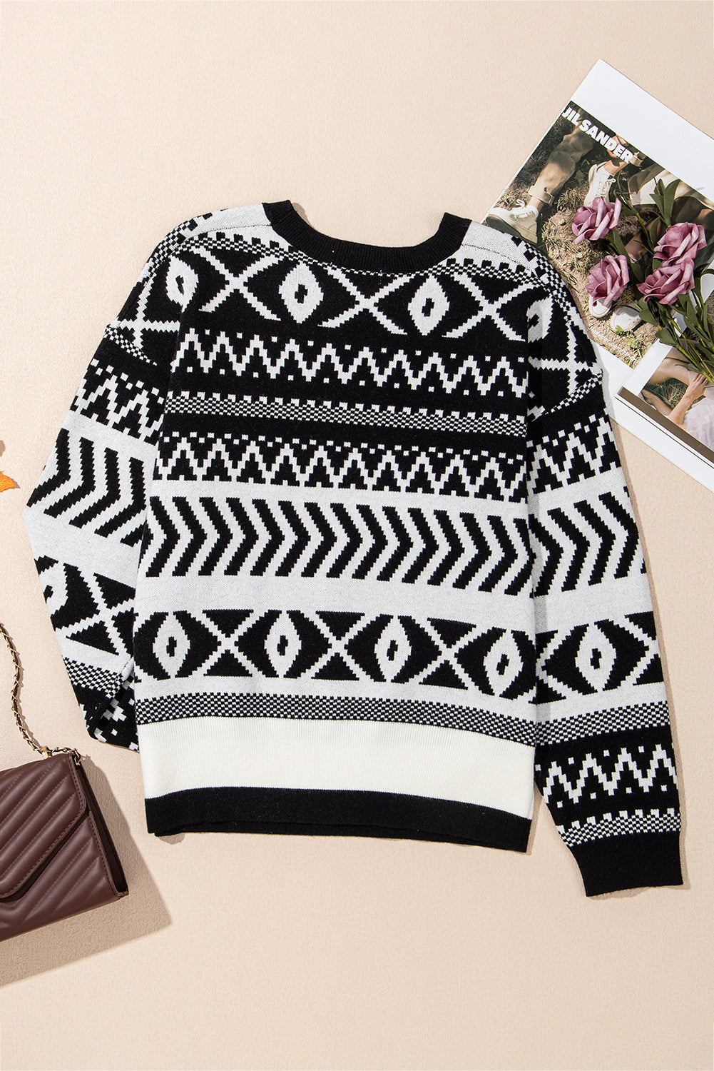 Black Abstract Print Pullover Sweater