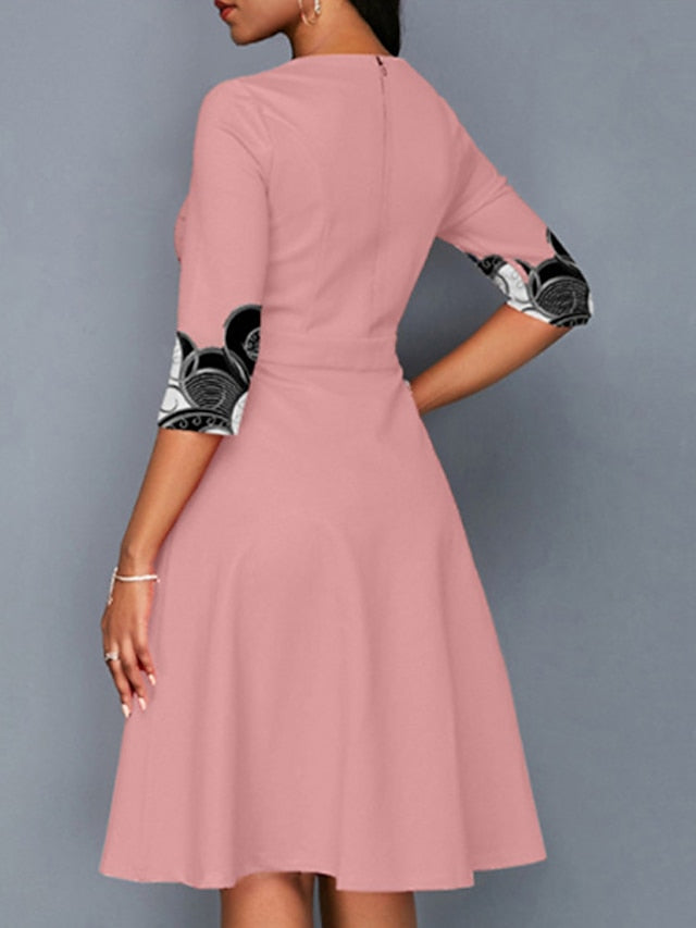 Women's Dress - Casual Dress Church Dress Midi Dress Black Yellow Pink Long Sleeve Print Print Winter Autumn Crew Neck Stylish Winter Dress Fall Dress 2023 S M L XL XXL 3XL 4XL 5XL