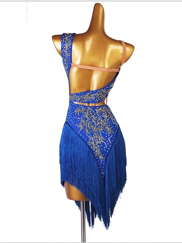 Latin Dance Dress Tassel Split Joint Crystals / Competition Dress Rhinestones Women's Performance Sleeveless Chinlon - LuckyFash™