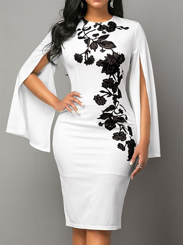 Women's Dress - Bodycon Sheath Dress Church Dress Midi Dress Black White Long Sleeve Floral Split Summer Spring Crew Neck Stylish Winter Dress Fall Dress 2023 S M L XL XXL