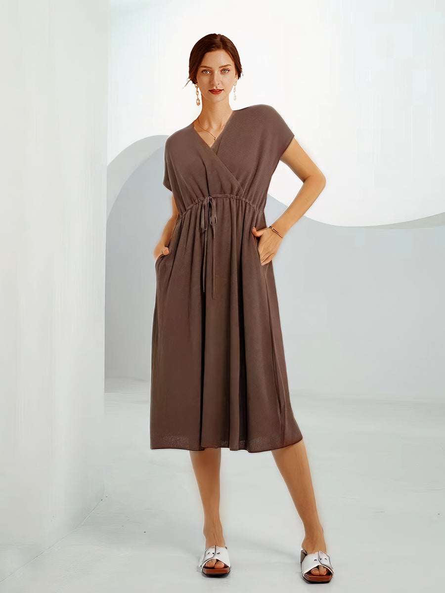Midi Dresses - V-Neck Solid Color Waist Knitted Loose Casual Midi Dress - MsDressly