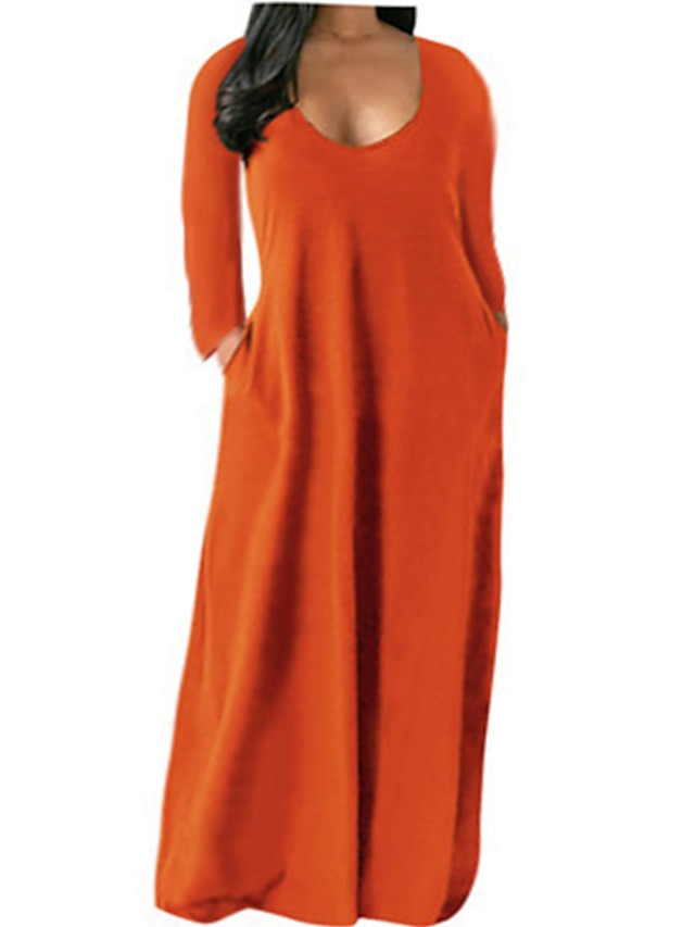 Women's Dress - Plus Size Shift Dress Solid Color Boat Neck Long Sleeve Spring Fall Basic Casual Maxi long Dress Daily Vacation Dress