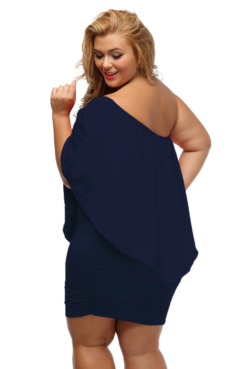 Layered Ruffle Top Plus Size Dark Blue Poncho Mini Dress
