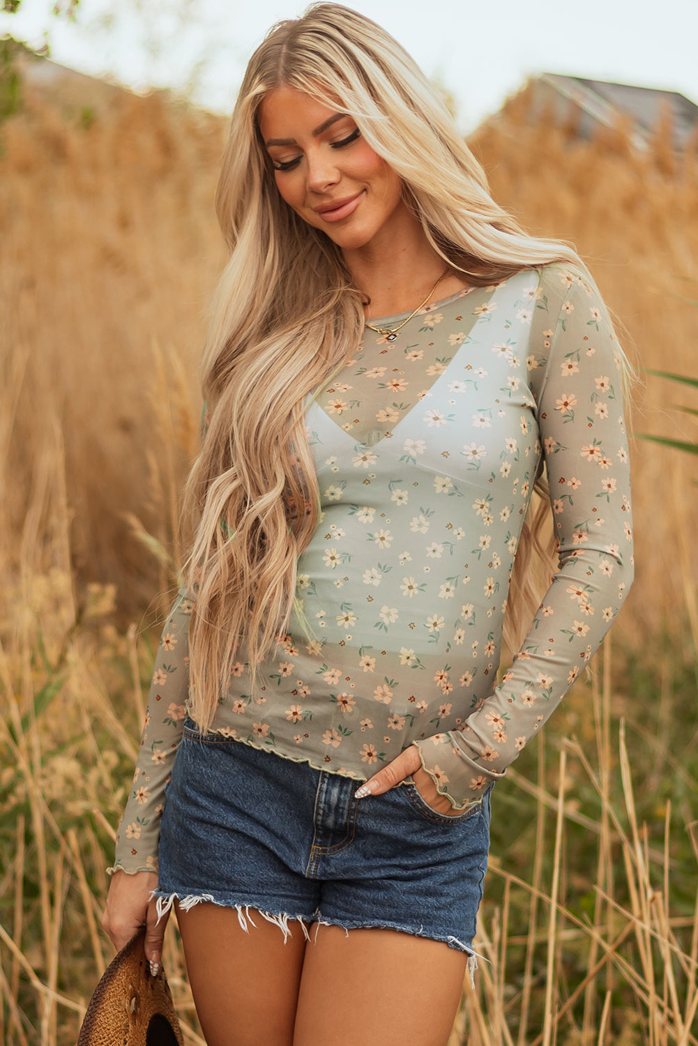 floral mesh long sleeve top