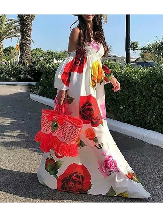 Women's Dress - Casual Dress Swing Dress Long Dress Maxi Dress Black White Short Sleeve Floral Patchwork Spring Summer Off Shoulder Slim S M L XL XXL