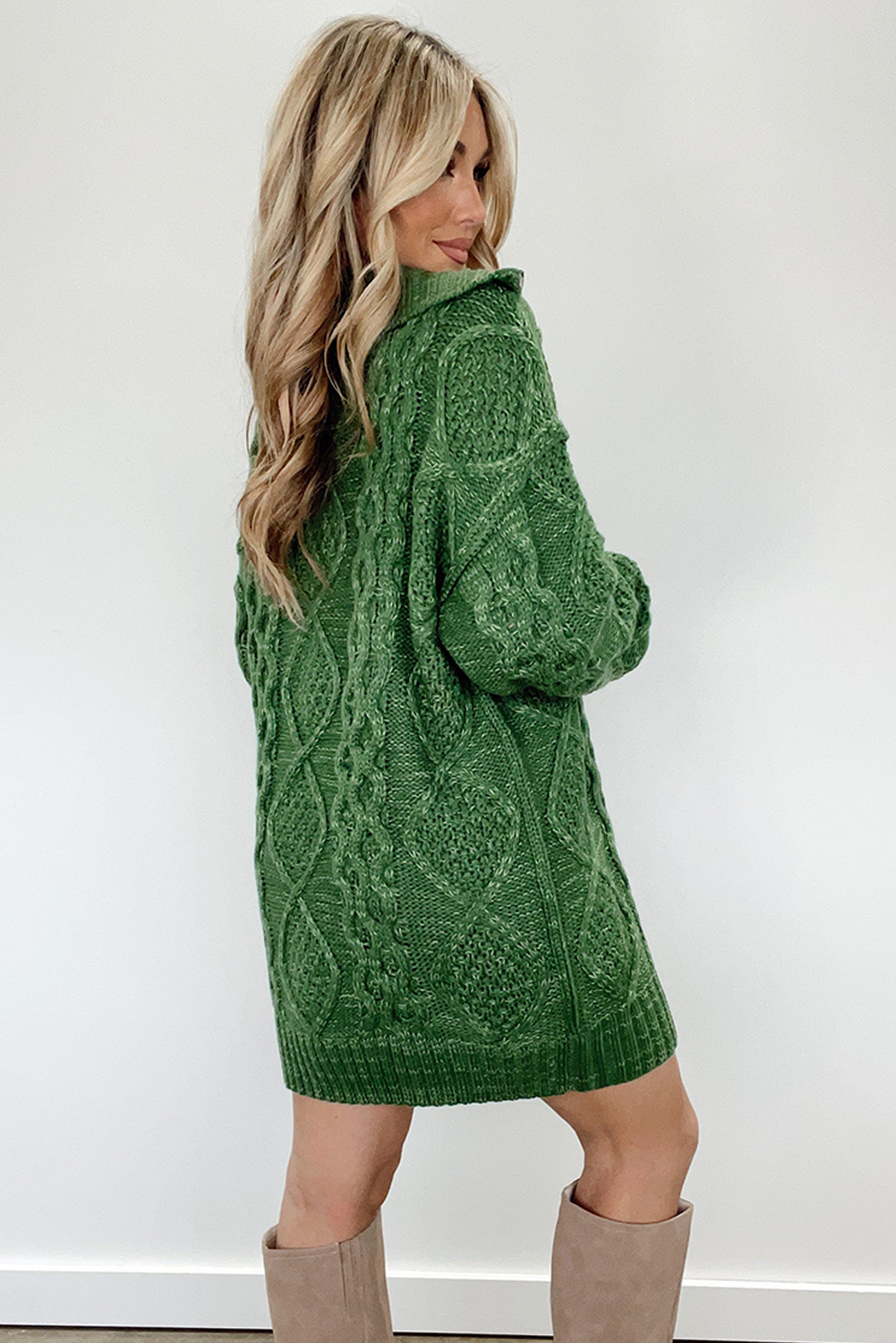 Mist Green Cable Knit Quarter Zip Loose Sweater Mini Dress