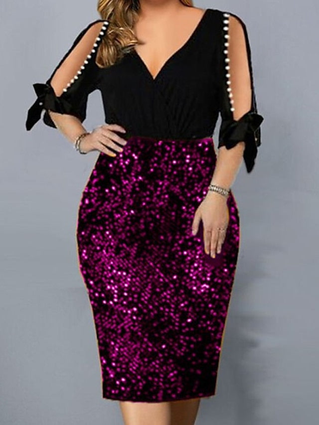 Women's Dress - Plus Size Party Dress Solid Color V Neck Sequins Half Sleeve Spring Fall Stylish Sequins Prom Dress Midi Dress Party Club Dress / Sheath Dress / Sequin Dress