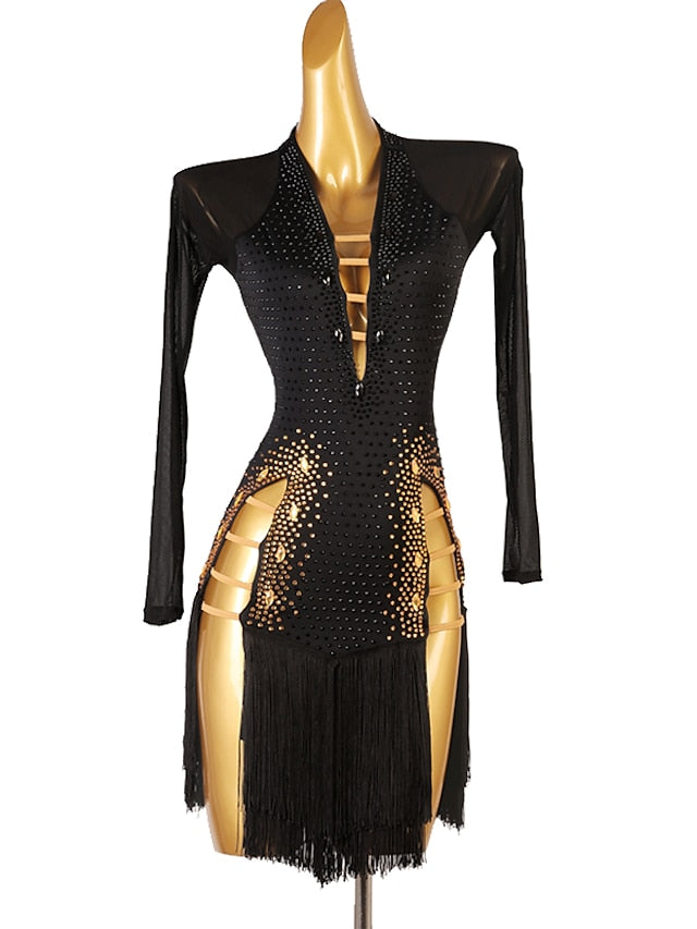 Latin Dance Dress Tassel Crystals / Rhinestones Women's Performance Long Sleeve Chinlon Mesh - LuckyFash™